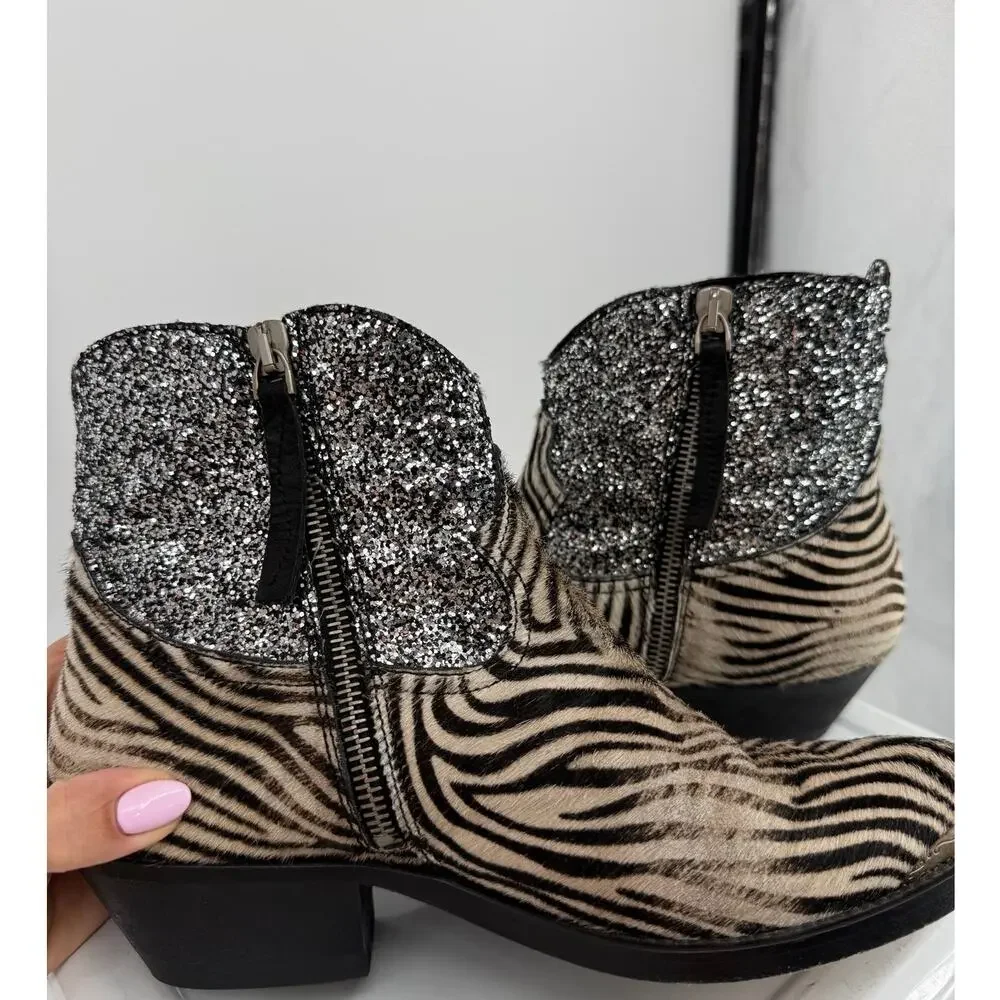 Golden Goose Ankle Western Zip Boots Bootie Zebra Ponyhair Zebra Glitter Size 37 - Picture 6 of 10